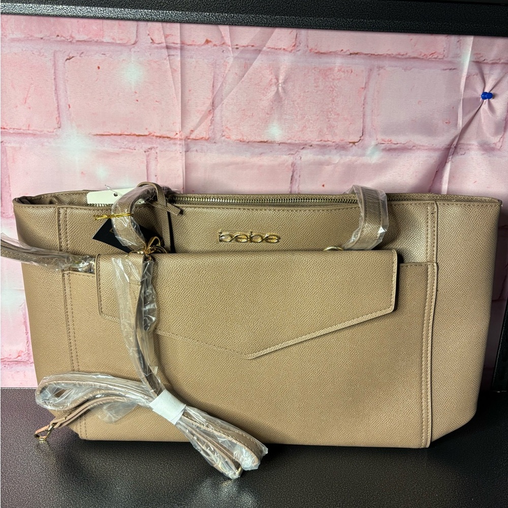 bebe Taupe Structured Tote with Front Flap Pocket